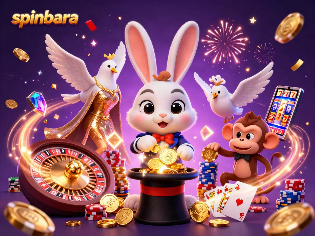 Spinbara casino showcases excitement with a magician rabbit, coins, and a vibrant casino scene.