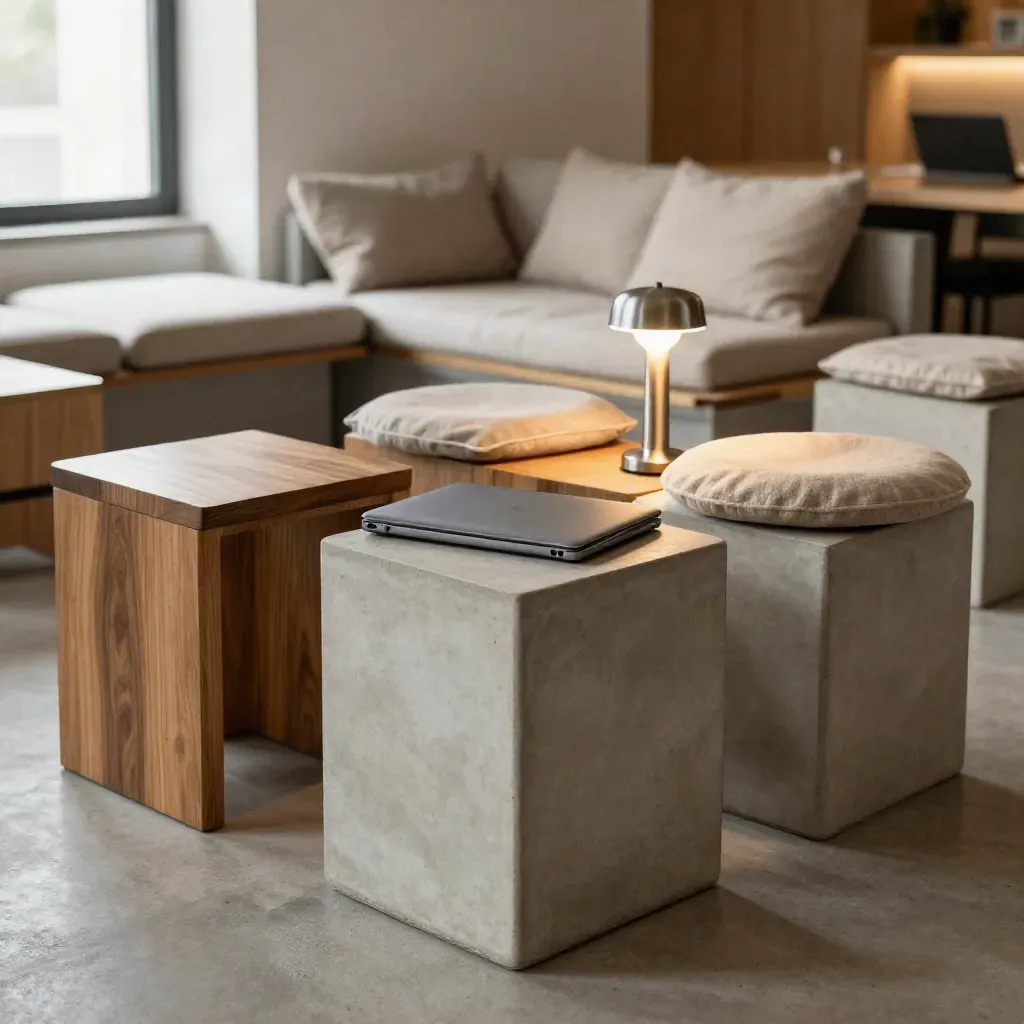 Interior de coworking luminoso con pufs modulares, cojines de lino, funda de portátil y lámpara.