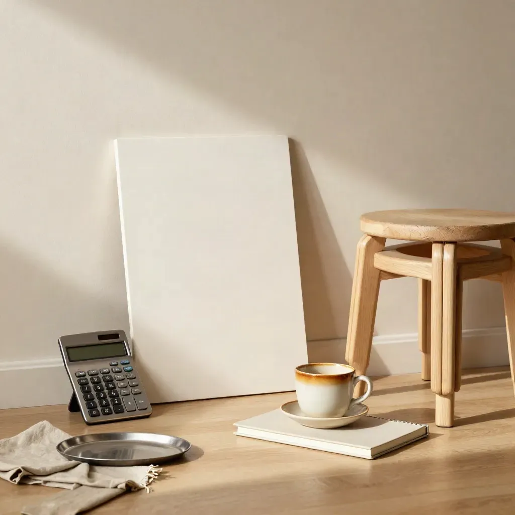Sala luminosa de mentoría con tablero, calculadora, café y taburetes de madera.