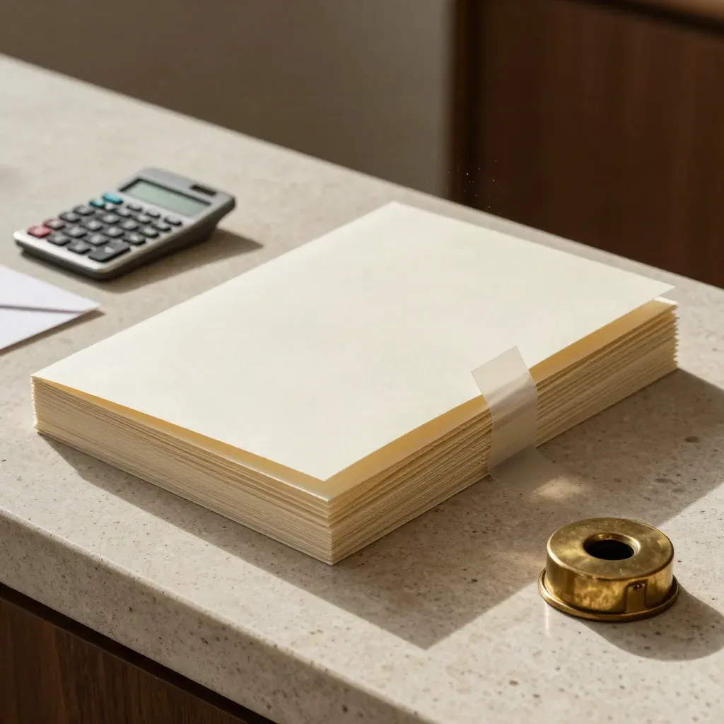 Kit de subvenciones sobre travertino con carpetas, tabs, calculadora, sobre sellado y pisapapeles.