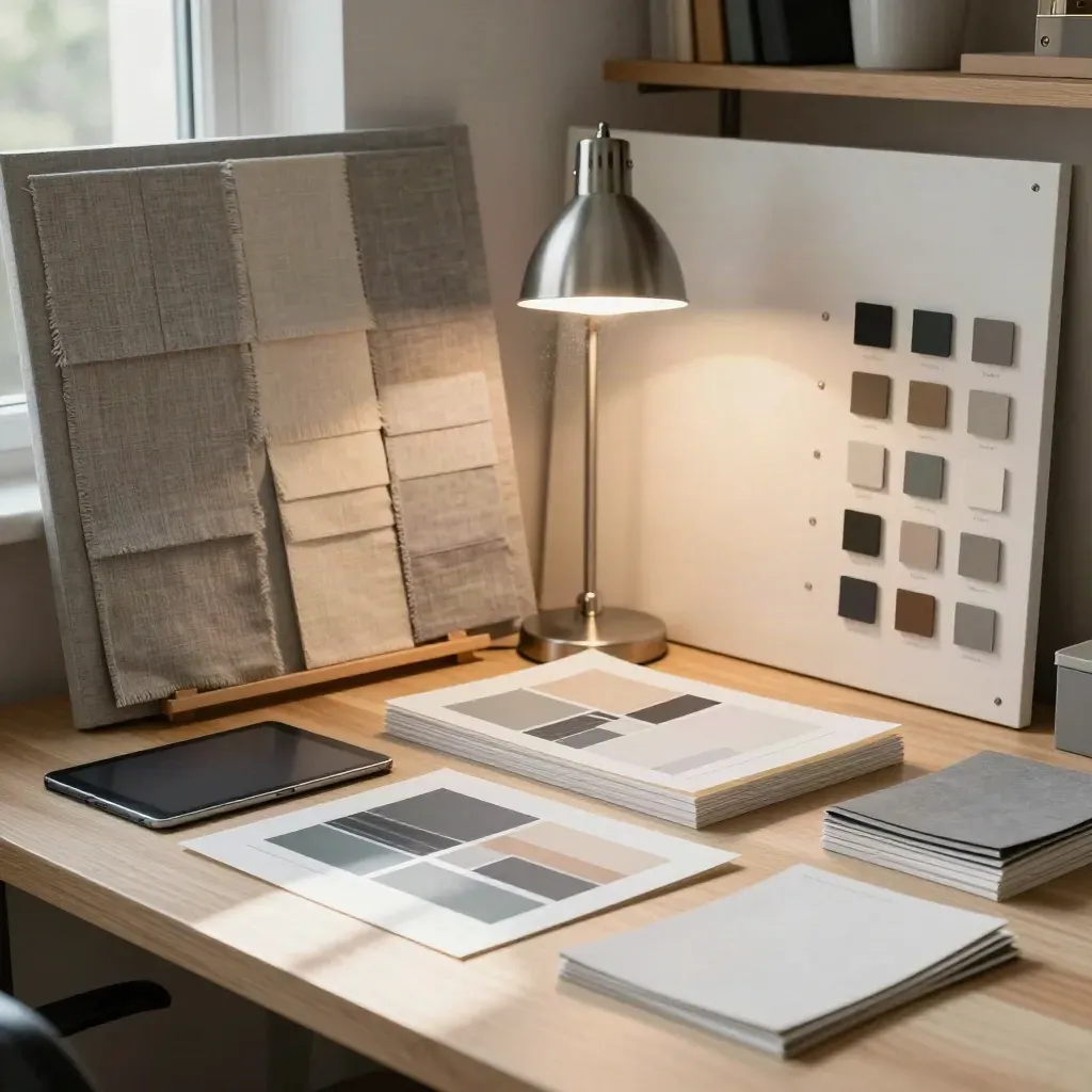 Estudio de diseño ordenado con muestras de color, tablet cerrada y papeles impresos bajo luz cálida.