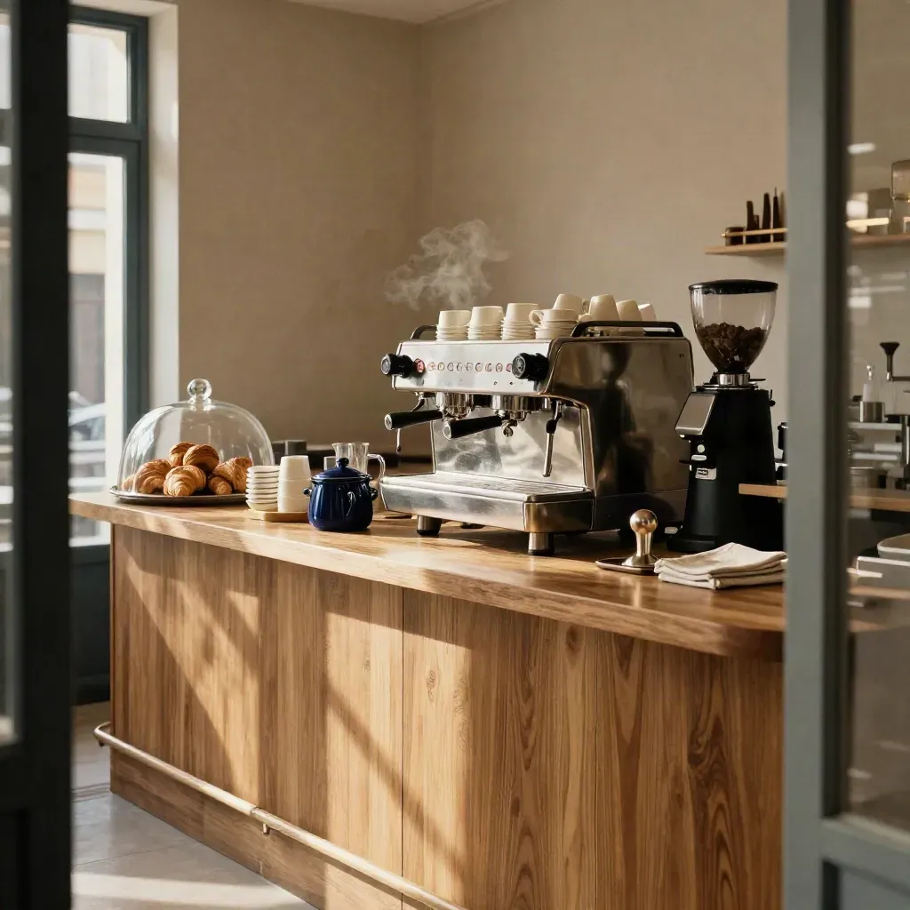 Barra de café lista para abrir, con máquina de espresso y bollería bajo luz cálida.