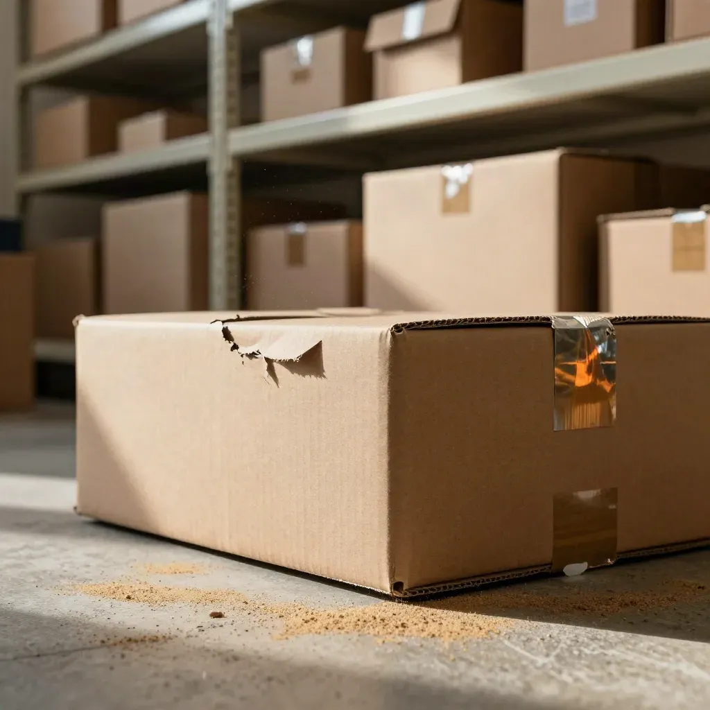 Stockroom con cajas de cartón recién llegadas y estanterías llenas en luz cálida.