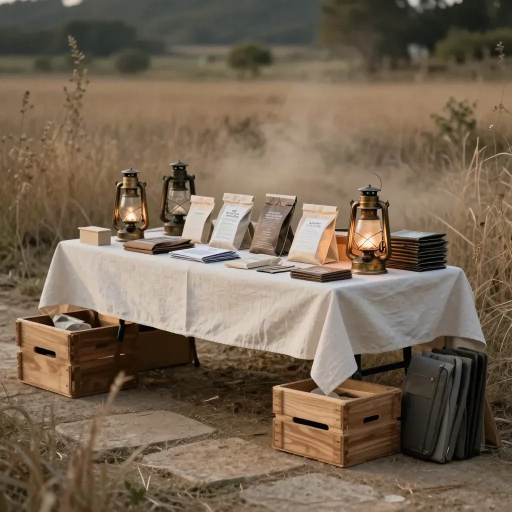 Puesto rural de networking con mesa plegable, cajas selladas y faroles al atardecer en un campo.