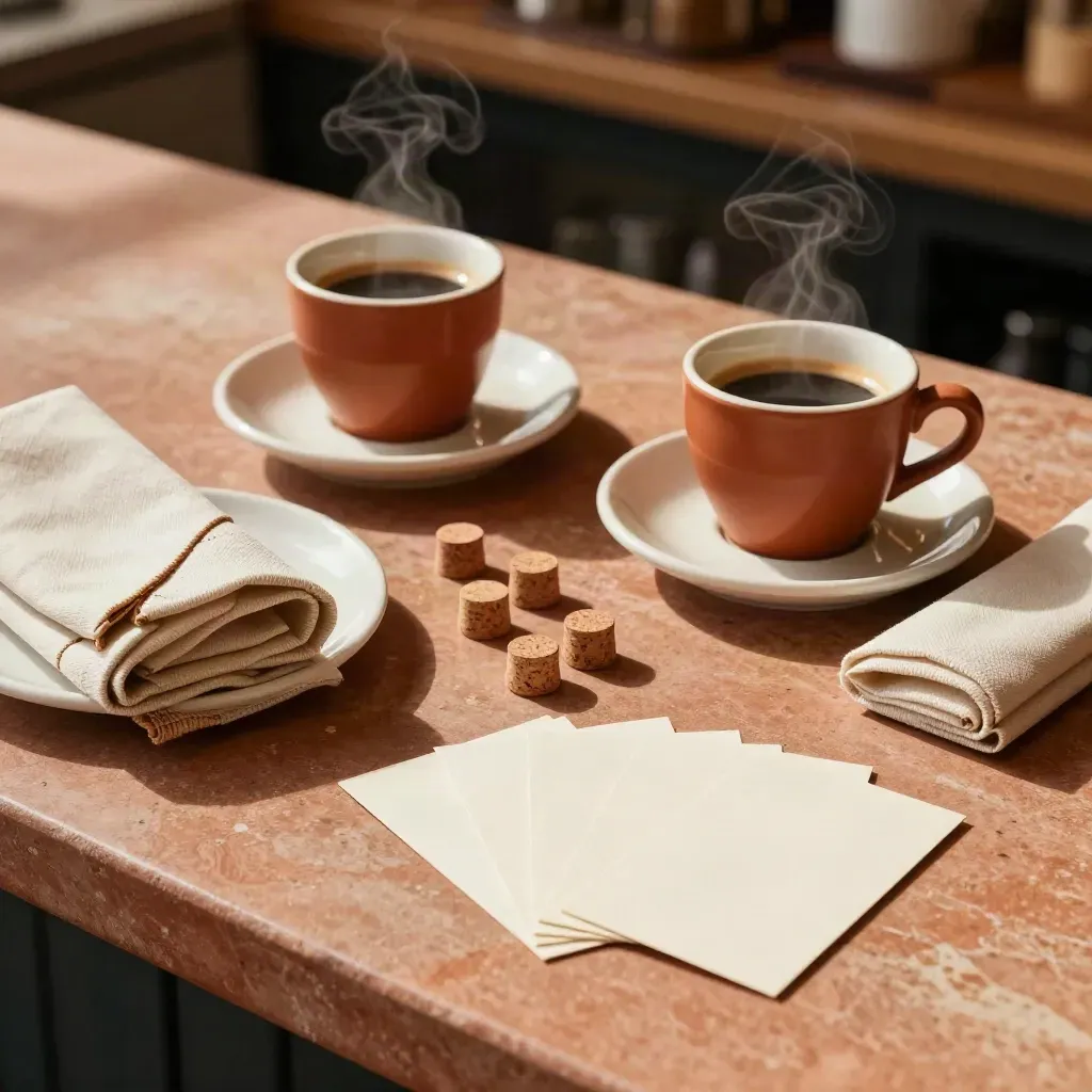 Espressos, servilletas, corchos y tarjetas de contacto sobre una barra cálida con luz suave.