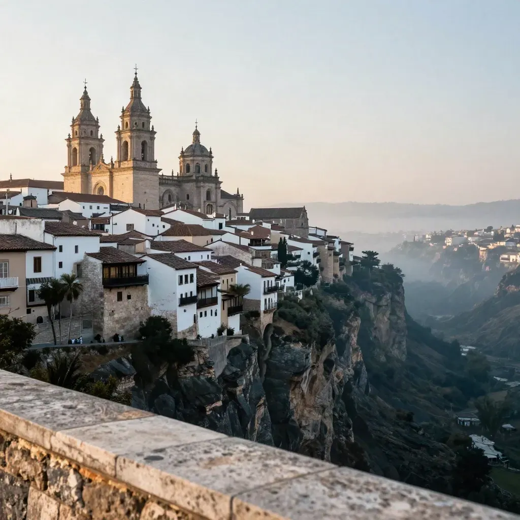 Vista de Cuenca al amanecer con la catedral y las casas colgadas sobre la hoz.