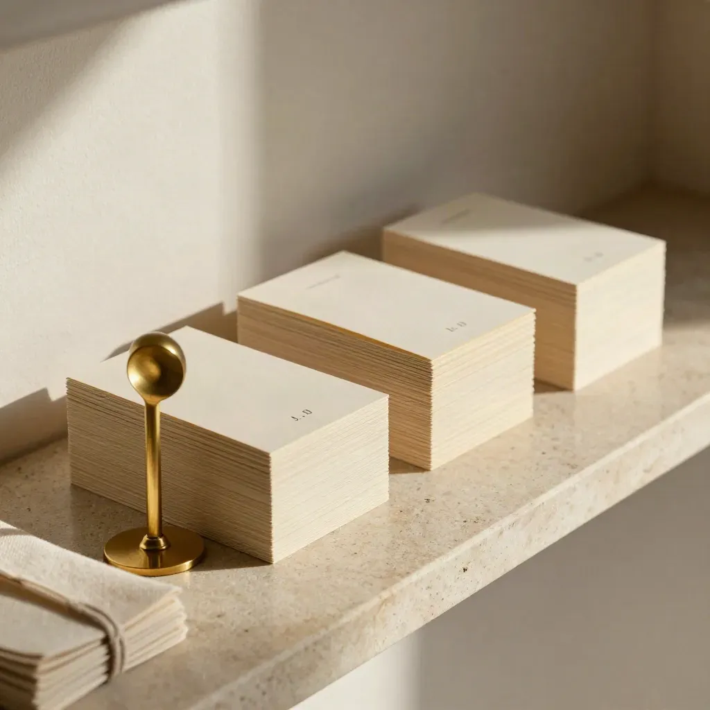 Bloques de madera, marcador dorado y tarjetas crema sobre piedra clara, con luz suave lateral.