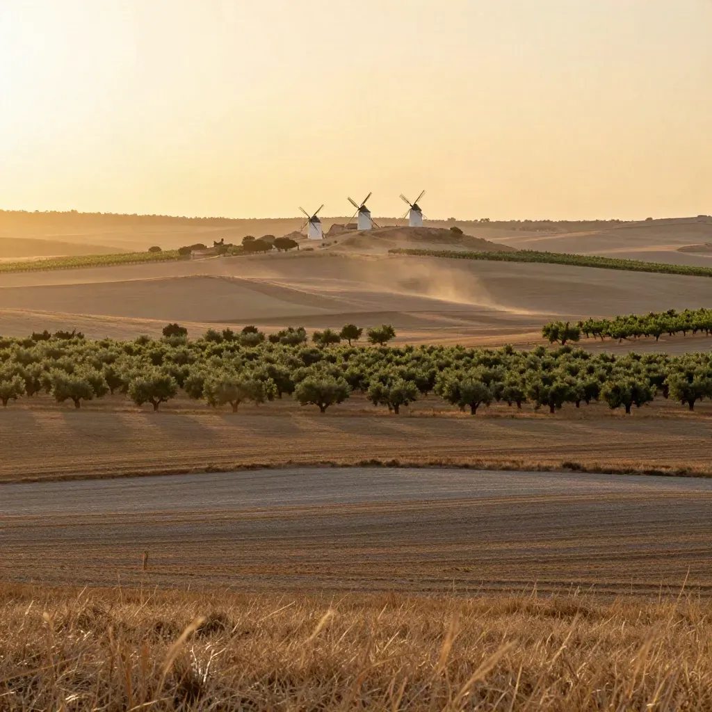Paisaje de La Mancha conquense con molinos, viñedos y un pueblo al fondo al atardecer.