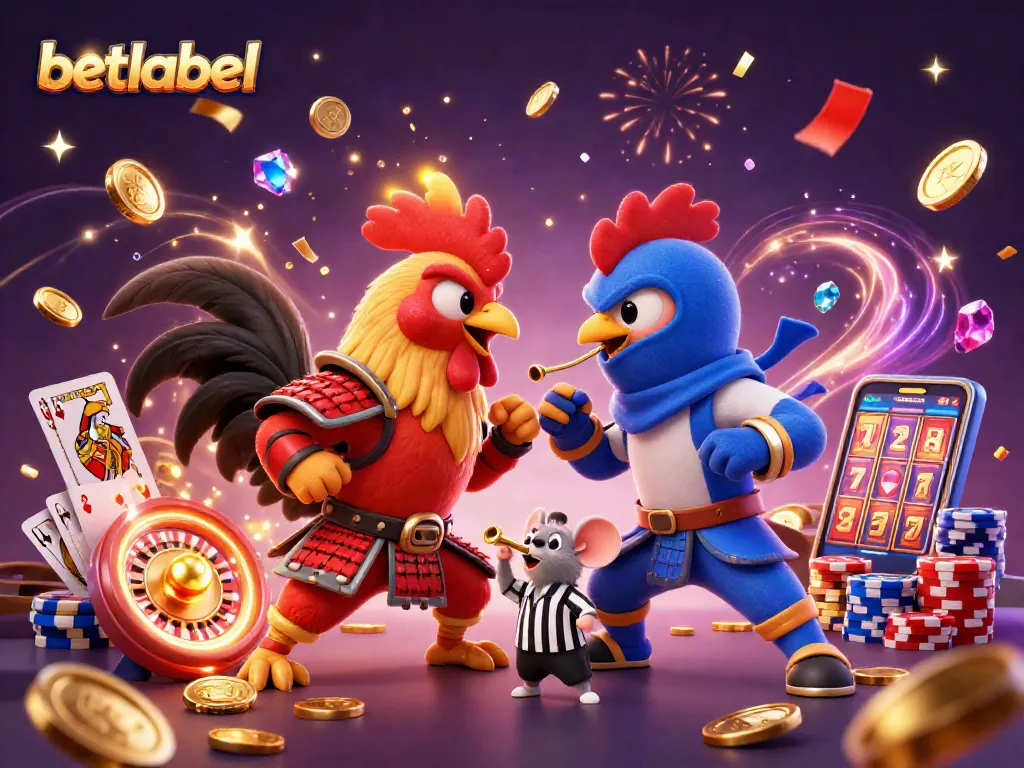 Betlabel's exciting dual rooster showdown illustrates thrilling gaming moments with colorful casino elements.